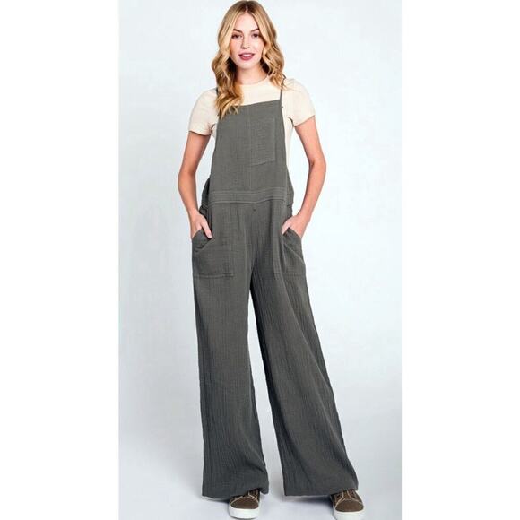 Elleborn Mineral Wash Jumpsuit Wide Leg Gauze Strappy Overalls Gray Sz S NWT - Picture 1 of 7